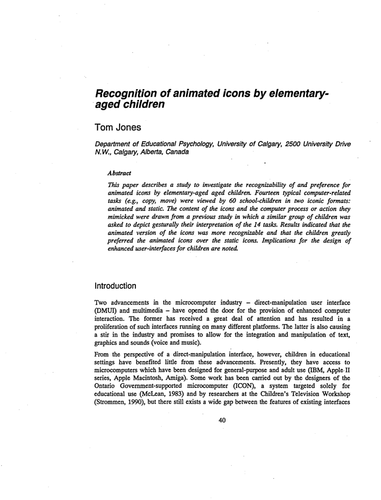 Recognition of animated icons by elementary aged