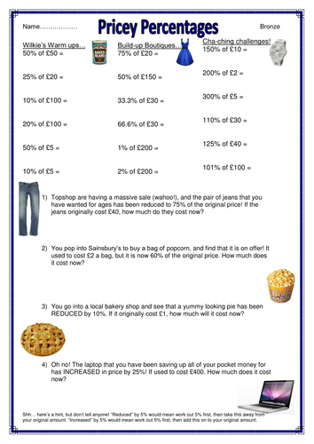 shopping themed percentages of amounts worksheets teaching resources