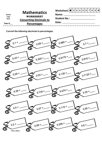 year 6 decimals to percentages worksheet by jinkydabon