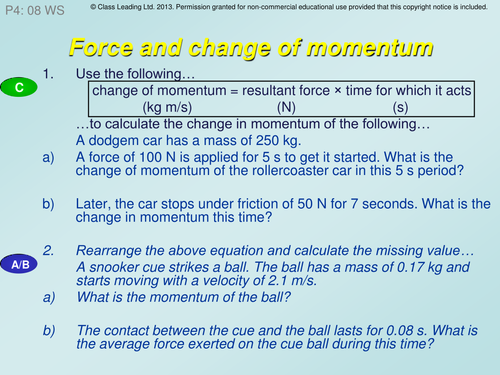 Force & Change of momentum - graded questions