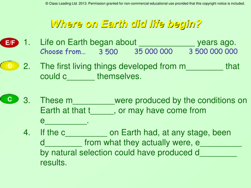 Where did life begin - graded questions