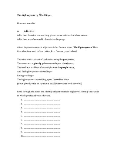 The Highwayman grammar worksheet | Teaching Resources