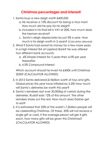 Christmas themed percentage and interest quiz