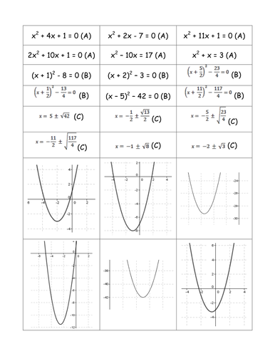 Completing the Square Matching Cards