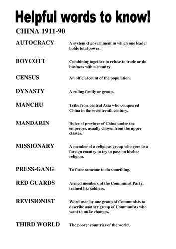 Modern World History Key Word Sheets