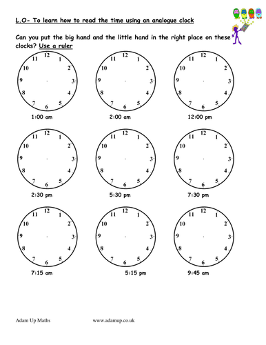 Reading analogue clocks / solve time word problems