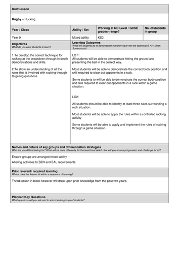Yr 9 Rugby lesson plans