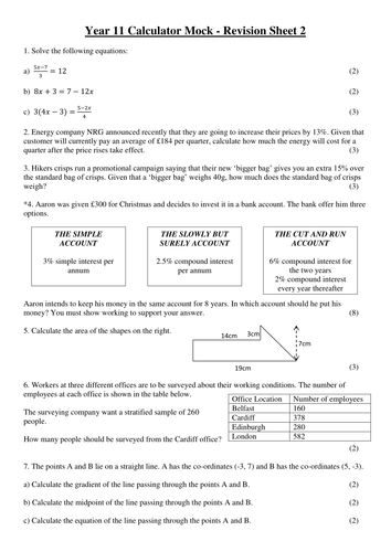 GCSE Higher Tier Calculator Revision Sheets