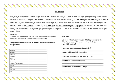KS3 French: School Subjects Reading Comp