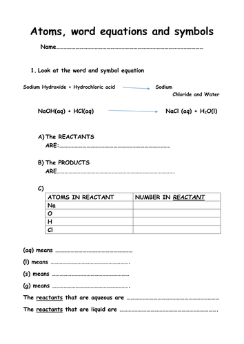 Atoms, Numbers of atoms and chemical equations