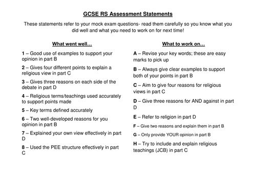 RS GCSE Edexcel Mock Exam Feedback Sheet