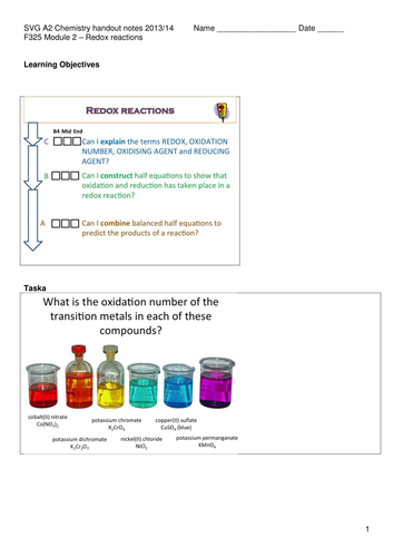 Redox lesson plan and activities A2 OCR A Chem