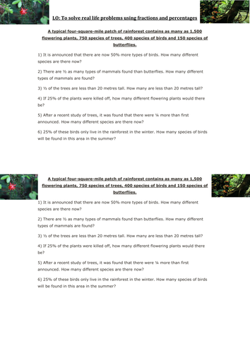 Rainforest percentage and fraction word problems