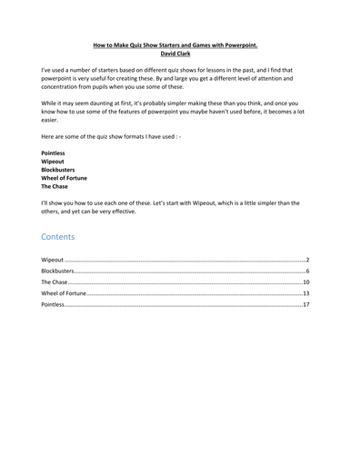 Making Powerpoint Starters based on Quiz Shows