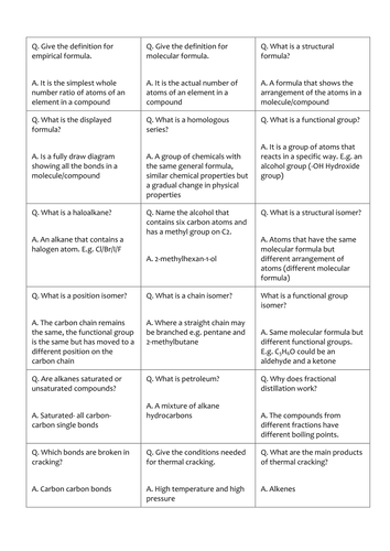 Unit 1 Alkanes And Organic Quiz Quiz Trade Cards 