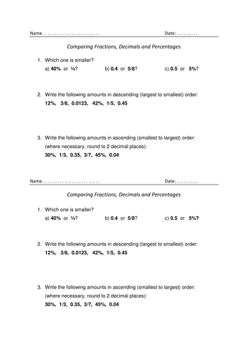 Converting Fractions Decimals And Percentages