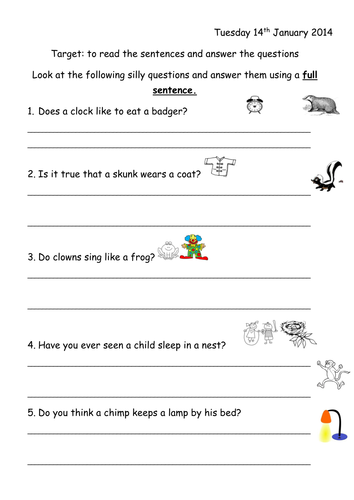 Phase 4 silly Question Worksheet