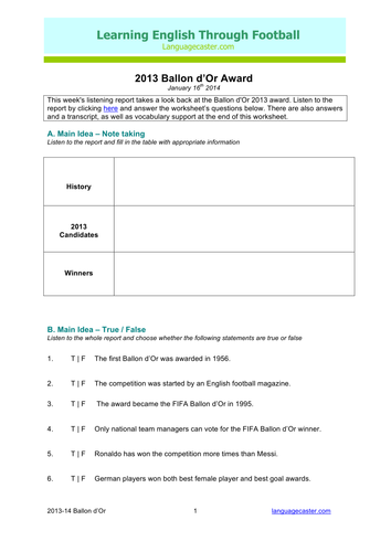 Listening Worksheet: 2013 Ballon d'Or Award