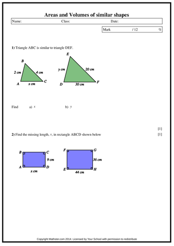 Areas and Volumes of similar shapes / solids