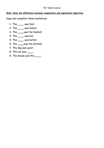 Comparative and Superlative activities for year 5