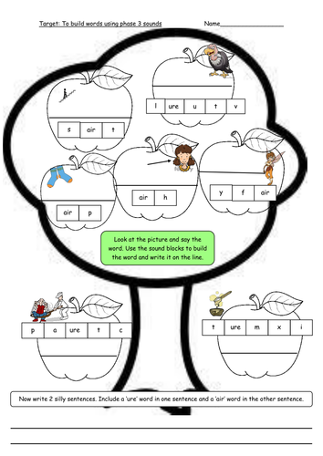Phonic word building air and ure sounds