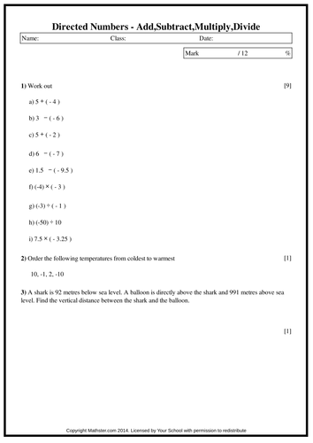 directed numbers teaching resources