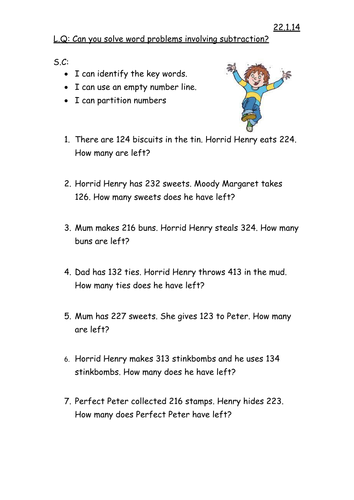 Horrid Henry Subtraction word problems