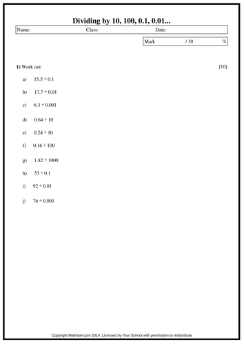 Dividing by 10, 100, 0.1