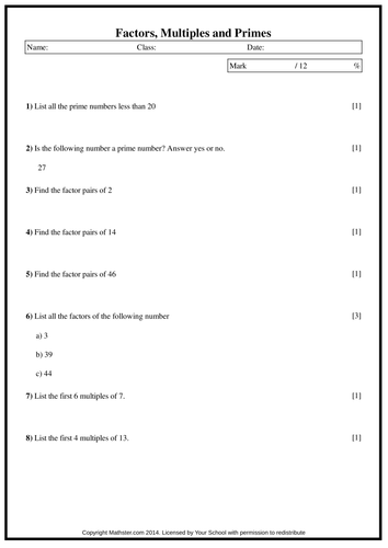 Factors, Multiples and Primes