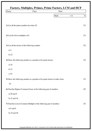 Factors, Multiples, Primes, Prime Factor, HCF, LCM