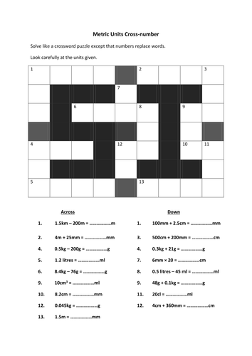Metric & Imperial Units of Measurement Crossnumber