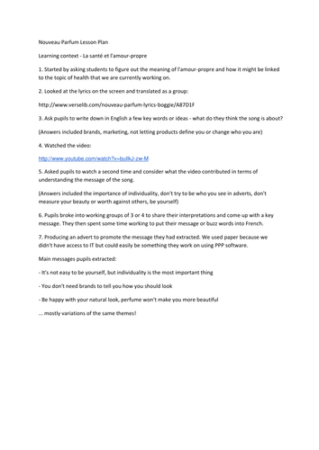 Nouveau Parfum Song About Self Esteem And Image Teaching Resources tes