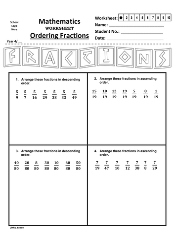 year 4 ordering fractions worksheet teaching resources