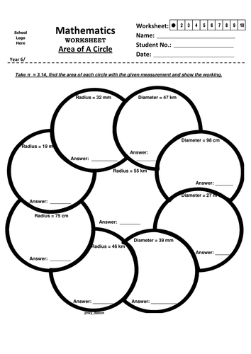 year 6 area of a circle 1 worksheet teaching resources