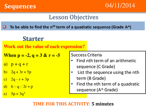 Quadratic Sequences Full Lesson | Teaching Resources