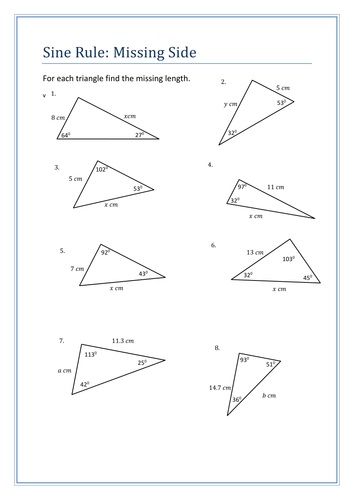 Sine Rule Questions sheet | Teaching Resources