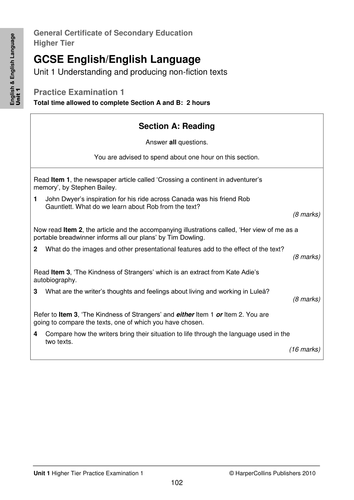 GCSE English Practice Examination (Higher Tier) | Teaching Resources
