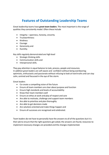 Features of Oustanding Leadership Teams