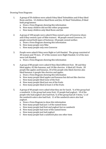 Reading venn diagrams worksheets