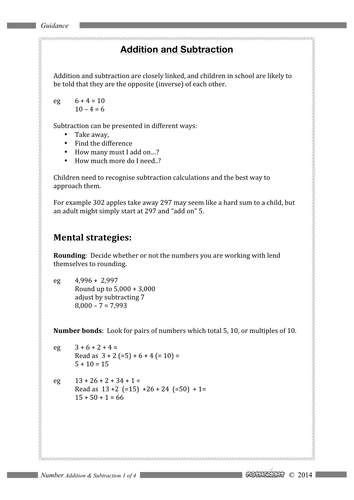 A Guidance sheet for addition and subtraction