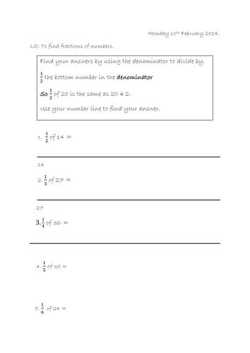 Fractions of numbers worksheets