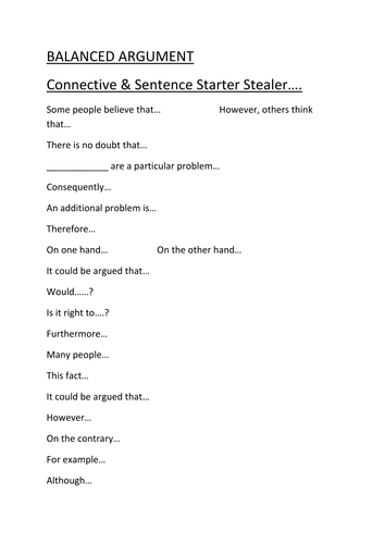 Balanced argument planning template & connectives by 