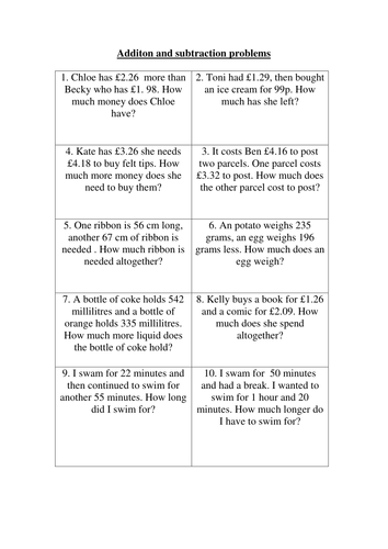 math worksheets for grade 5 addition and subtraction word problems