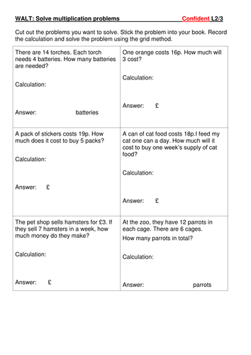 Multiplication problems at levels 2, 3 and 4