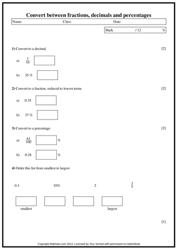 Convert between fractions, decimals and percentage