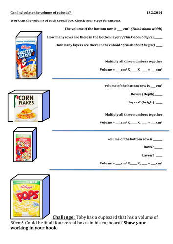Calculating volume for cereal boxes.