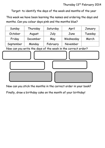 Months of the Year and days of the week worksheet