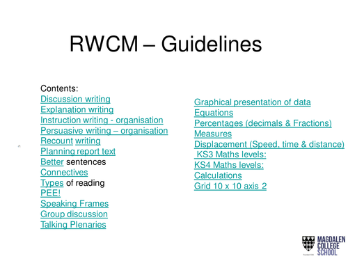 Support for development of RWCM in lessons