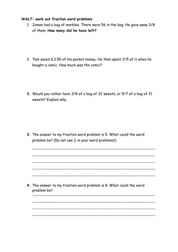 fraction word problems teaching resources