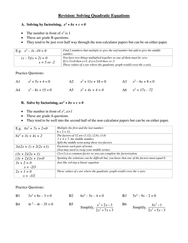 Quadratic equation revision